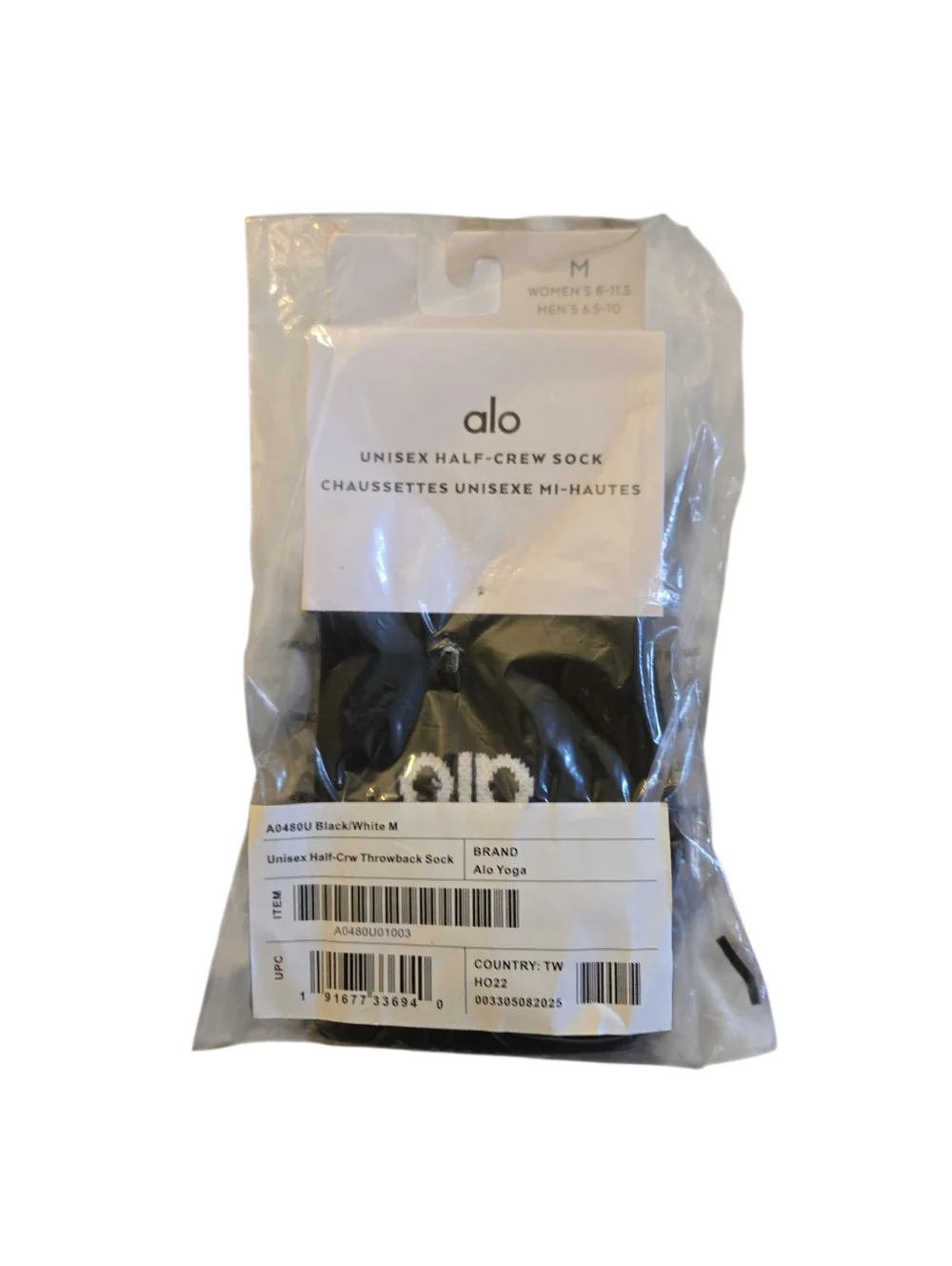 NWT Alo Yoga Half Crew Throwback Socks Black With White Logo Unisex Medium